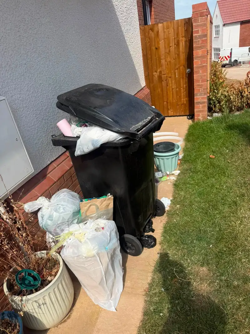 Overflowing wheelie bin and bagged rubbish beside a house, ready for collection