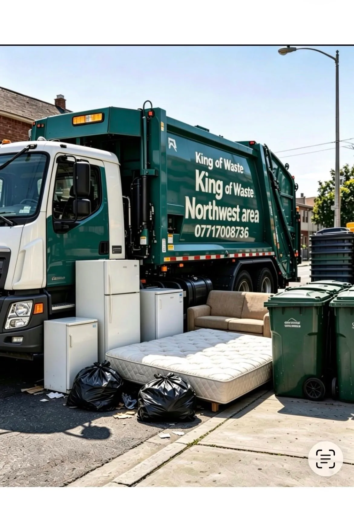 King of Waste liveried truck parked beside a household clearance of fridges, a mattress and a sofa
